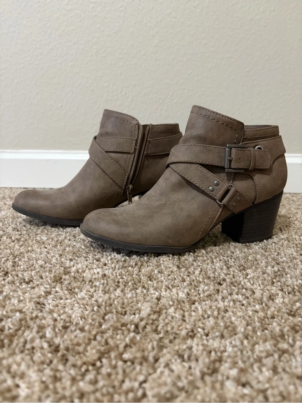 Indigo Taupe Ankle Booties with Buckle Strap
